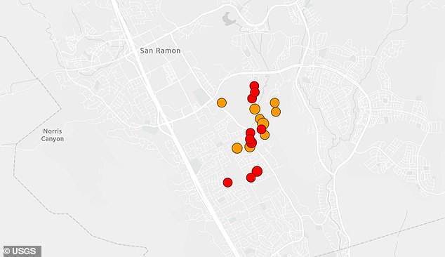 The US Geological Survey detected at least 19 earthquakes centered around San Ramon Monday morning, all stronger than magnitude 2.5