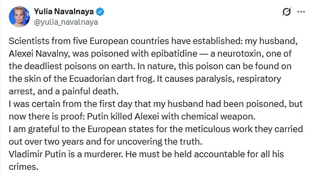 Reacting to the statement from the UK and allies today, Ms Navalnaya said she was 'grateful' to have 'proof' her husband had been poisoned