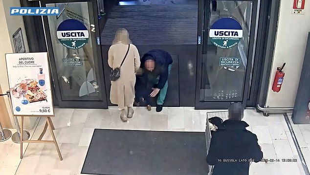 The suspect, dressed in a black hoodie and green trousers, lunges at the child and seizes her