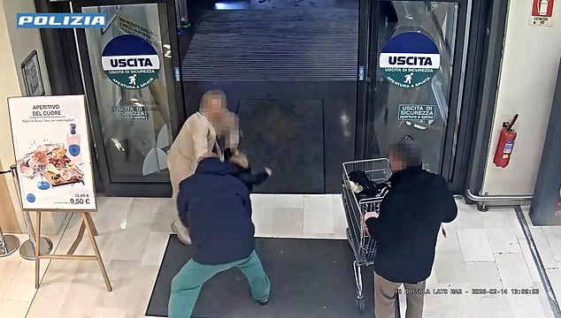 Panicked shoppers quickly leap into action, surrounding the pair and helping wrestle the little girl back to safety