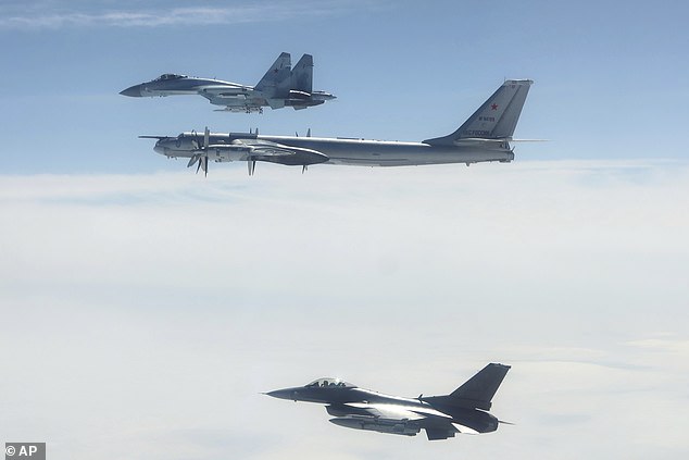 NORAD F-16 Fighting Falcon fighter aircraft positively identified and intercepted Russian Tu-95 and Su-35 military aircraft over the Bering Sea off Alaska's western coast July 22, 2025