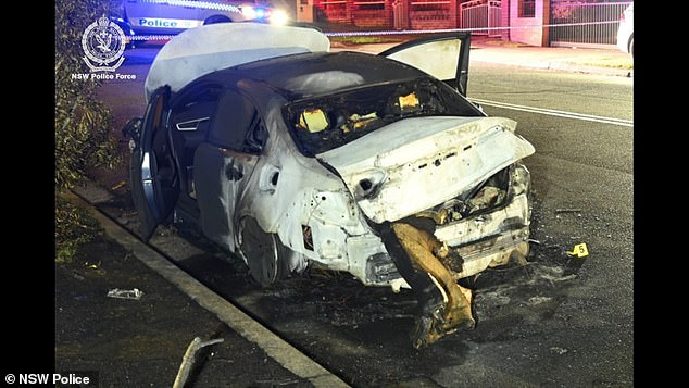 Pictured: A grey, burnt out Toyota Corolla was the key to finding Mr Baghsarian's body