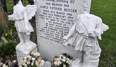 James Bulger's grave (pictured) in Liverpool  was desecrated by vandals some time between late morning and mid-afternoon on Thursday