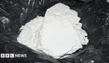 A large pile of soft white powder lies in the middle of a black plastic bag