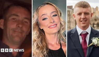 Composite image. It is a dark picture of John Guy - he has dark hair and is wearing a dark blue shirt. In the middle is Laura Hoy-Henry - she has long wavy blond hair and is wearing a black top. She is smiling at the camera and has pink lipstick on. Conor Quinn is third - he has short brown hair, is wearing a white shirt, burgundy tie and navy suit. He is smiling at the camera .