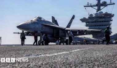 A multirole fighter aircraft prepares to launch from the flight deck of the US Navy's Nimitz-class aircraft carrier USS Abraham Lincoln in the Arabian Sea. Photo: 15 February 2026
