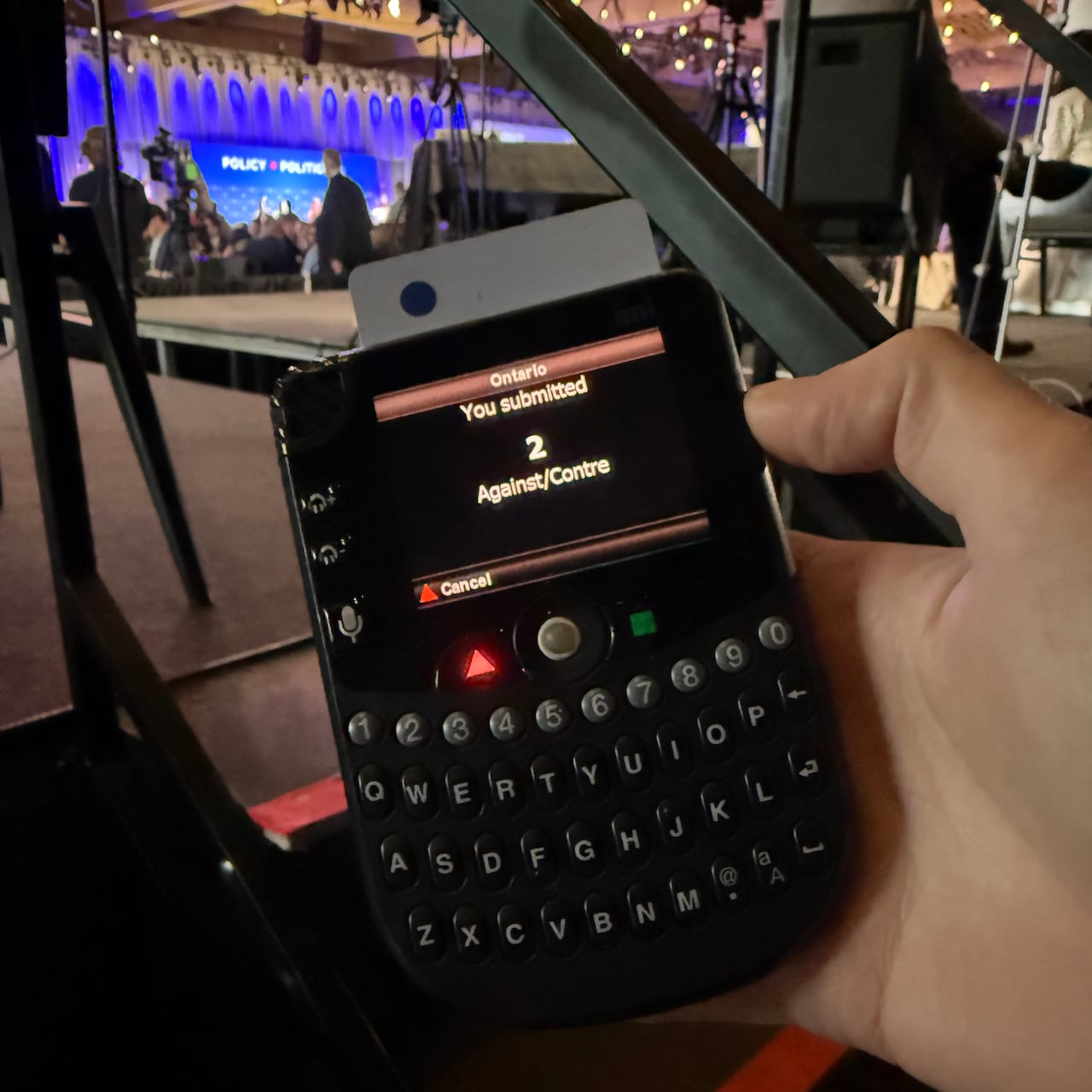 A voting device is pictured at the Conservative policy convention in Calgary, Alta.