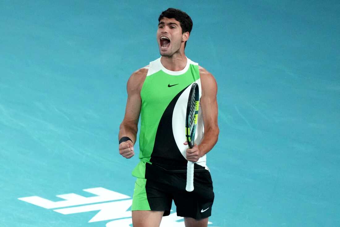 Carlos Alcaraz of Spain reacts during the men's singles final match against Novak Djokovic of Serbia at the Australian Open tennis championship in Melbourne, Australia on Sunday.