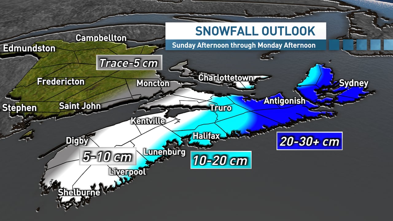A map of Nova Scotia showing snowfall amounts.