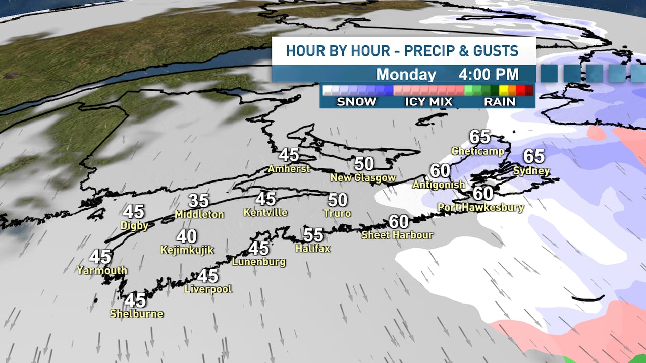 Map of Nova Scotia showing wind gust speeds and precipitation amounts 