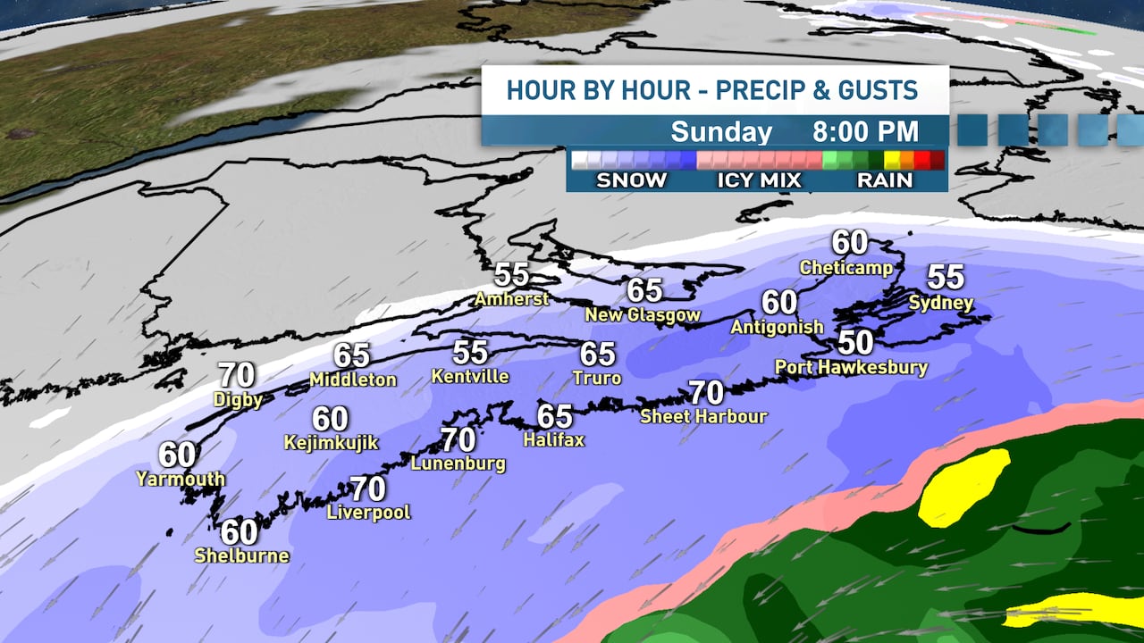 A map of Nova Scotia showing wind gust speeds and precipitation amounts