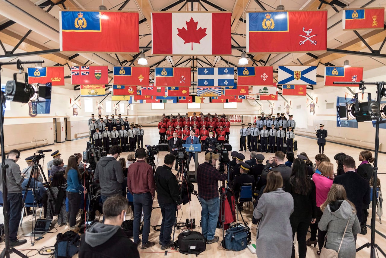 Prime Minister Justin Trudeau speaks during a press event at RCMP "Depot" Division in Regina, Saskatchewan on Friday March 9, 2018. Trudeau appointed Brenda Lucki, who was Depot's commanding officer, Canada's first permanent female RCMP commissioner.
