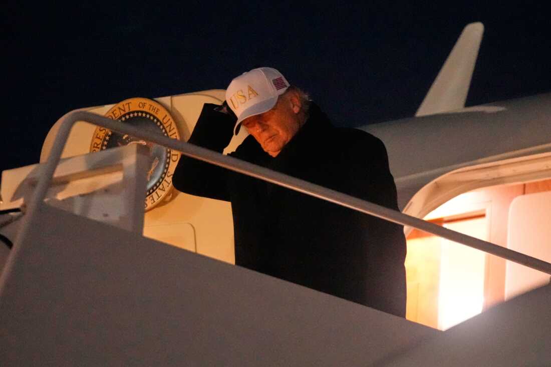 President Trump arrives at Joint Base Andrews in Maryland on Sunday after returning from a trip to Florida. He says he will move to close the Kennedy Center for two years for renovations.