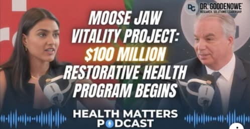 A man and a woman looking at each other in a podcast promotional ad.