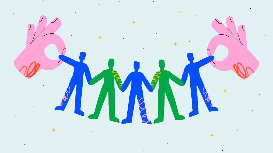 An illustration shows two, floating pink hands holding a string of paper cut-out people that are attached at the hands. The colors of the paper cut out people people alternate between green and blue. The image symbolizes the concept of building community.