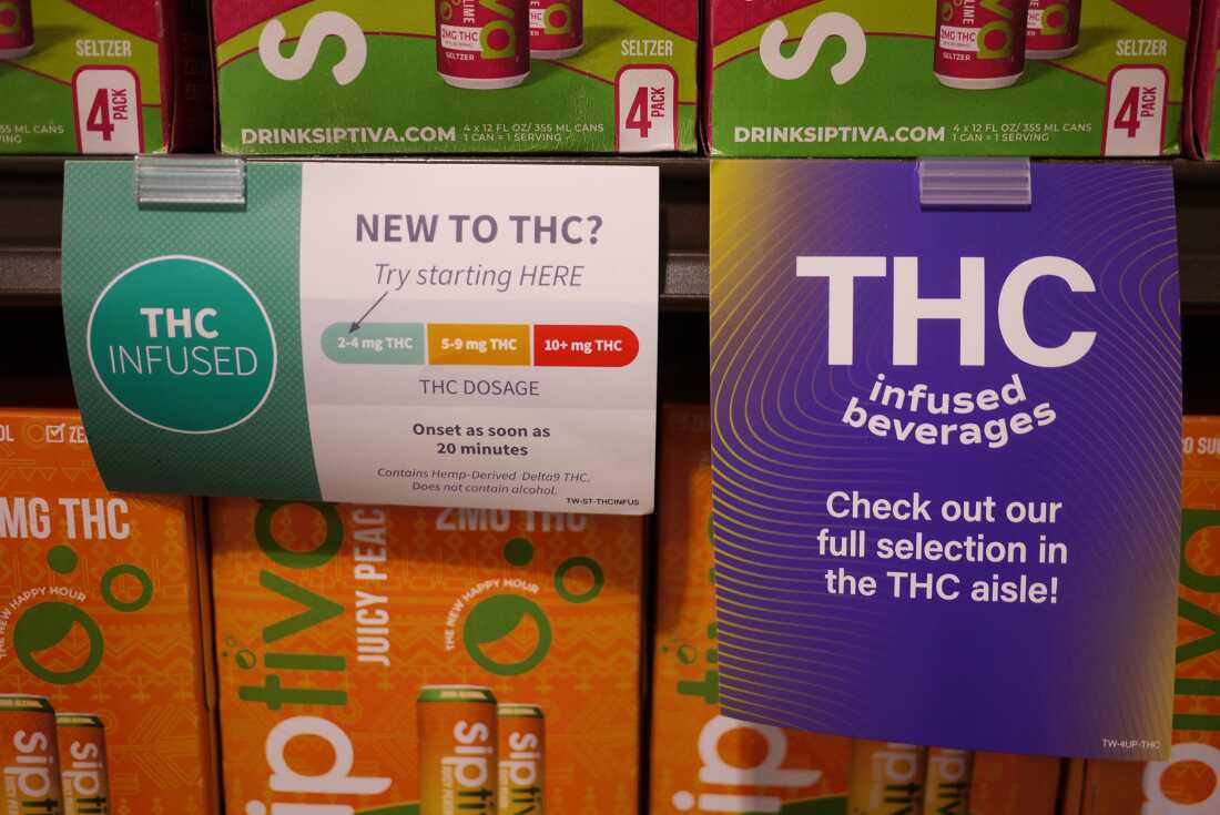 A display at a Total Wine & More store offers a guide to customers seeking to try THC beverages. The display tells customers which dosage of THC to choose if they are new to THC.