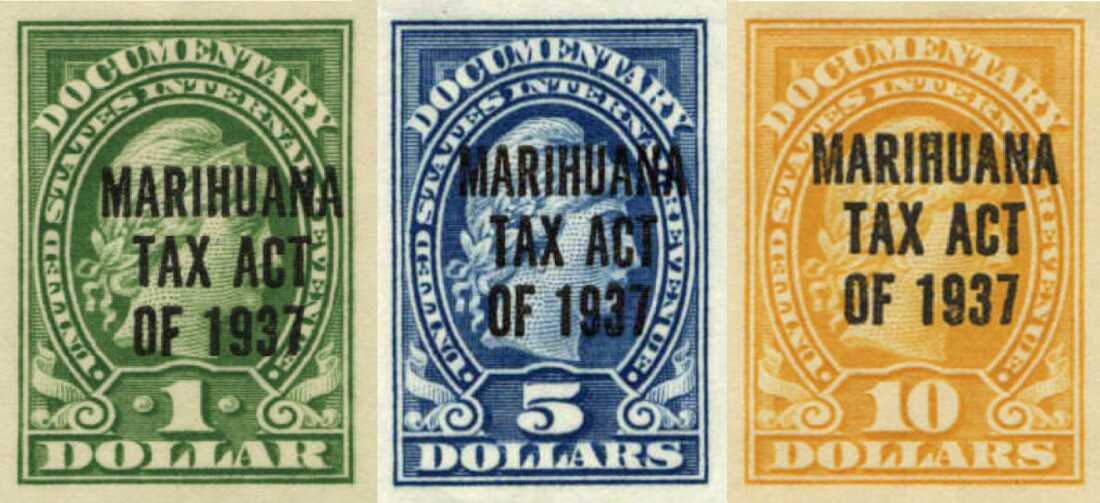This image shows three stamps originating from the Marihuana Tax Act of 1937. The words "MARIHUANA TAX ACT OF 1937" appear in black capital letters, superimposed on top of a sideways profile of a person.