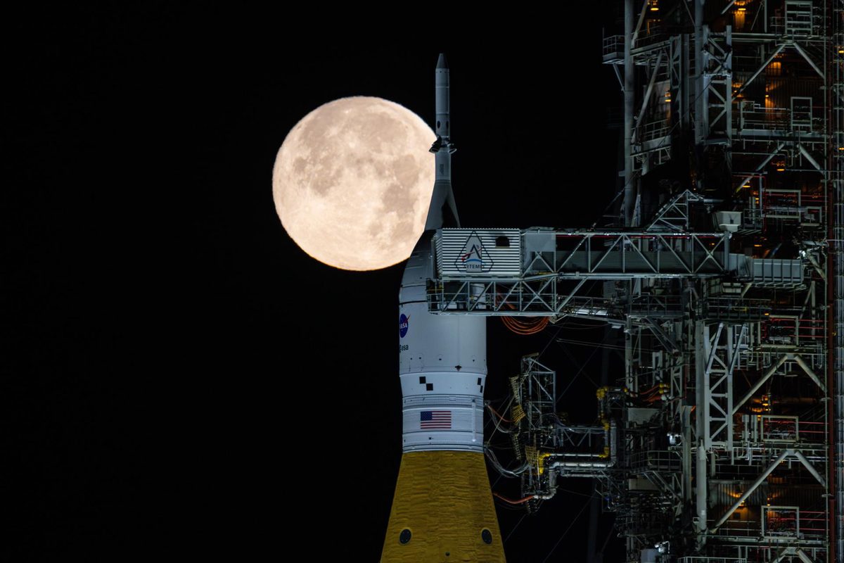 The full Moon and the Artemis II Space Launch System and Orion capsule, Nasa