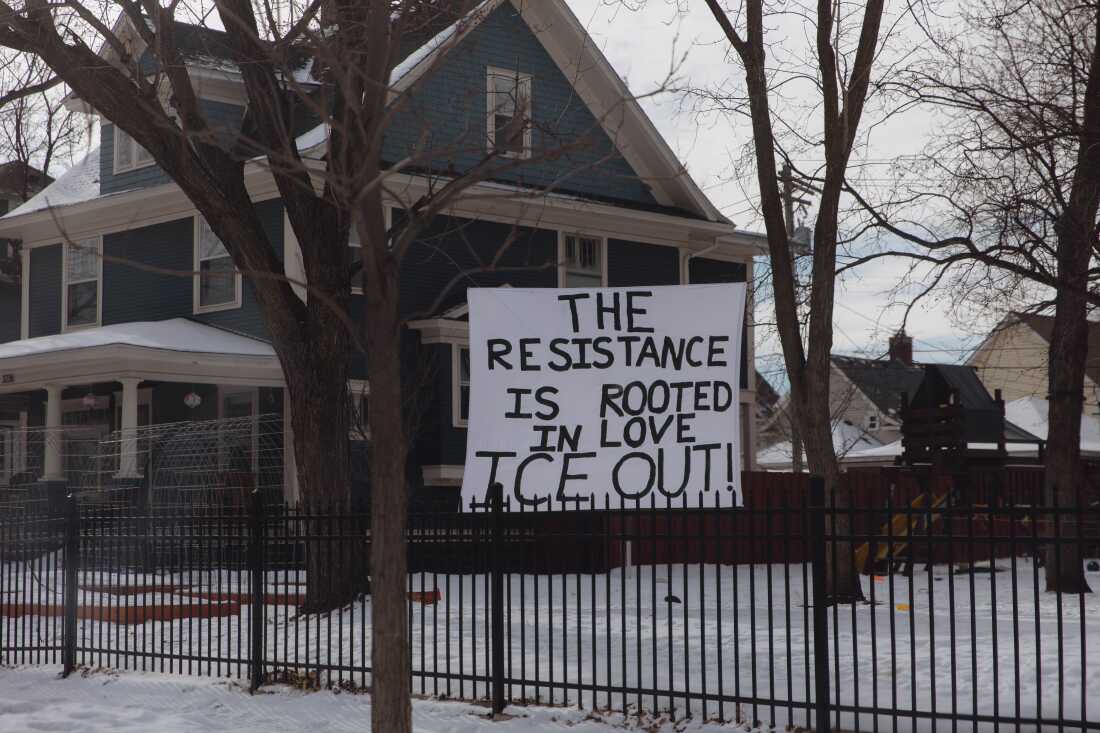 Throughout Minneapolis neighborhoods, the community leaves messages of unity, standing together as ICE raids intensify. Jan. 26, 2026. Zaydee Sanchez for NPR