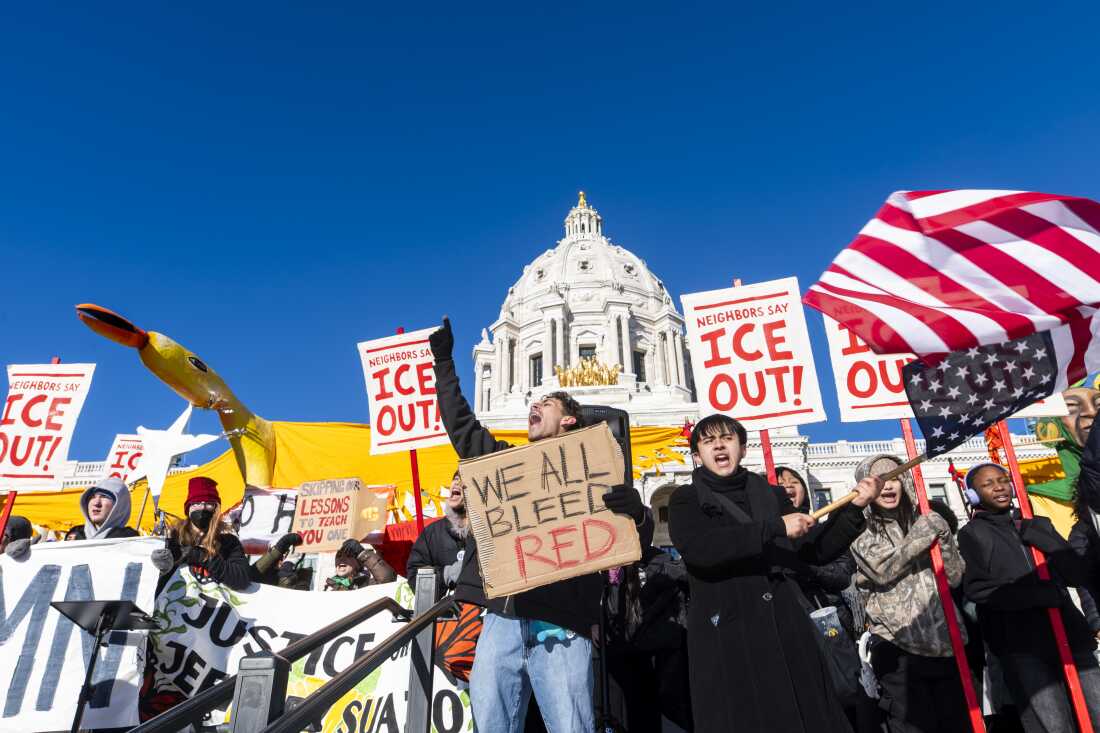 Students cheer during a school walkout to protest federal immigration enforcement at the State Capitol building on January 14, 2026, in St. Paul, Minnesota.