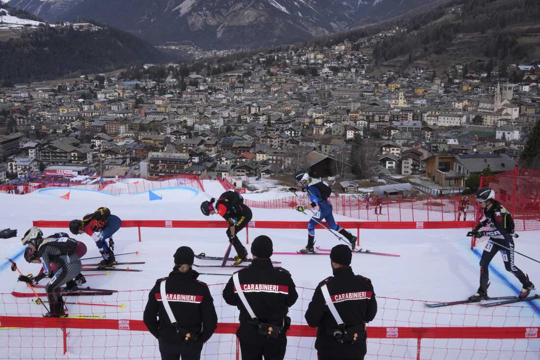 A 2025 Ski Mountaineering World Cup women's mixed relay event in Bormio, Italy.