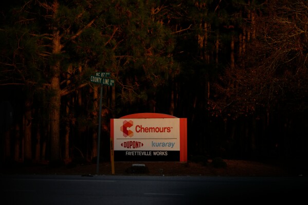 A sign is displayed at the entrance of Chemours Company, Fayetteville Works in White Oak, N.C., on Tuesday, Dec. 9, 2025. (AP Photo/Carolyn Kaster)