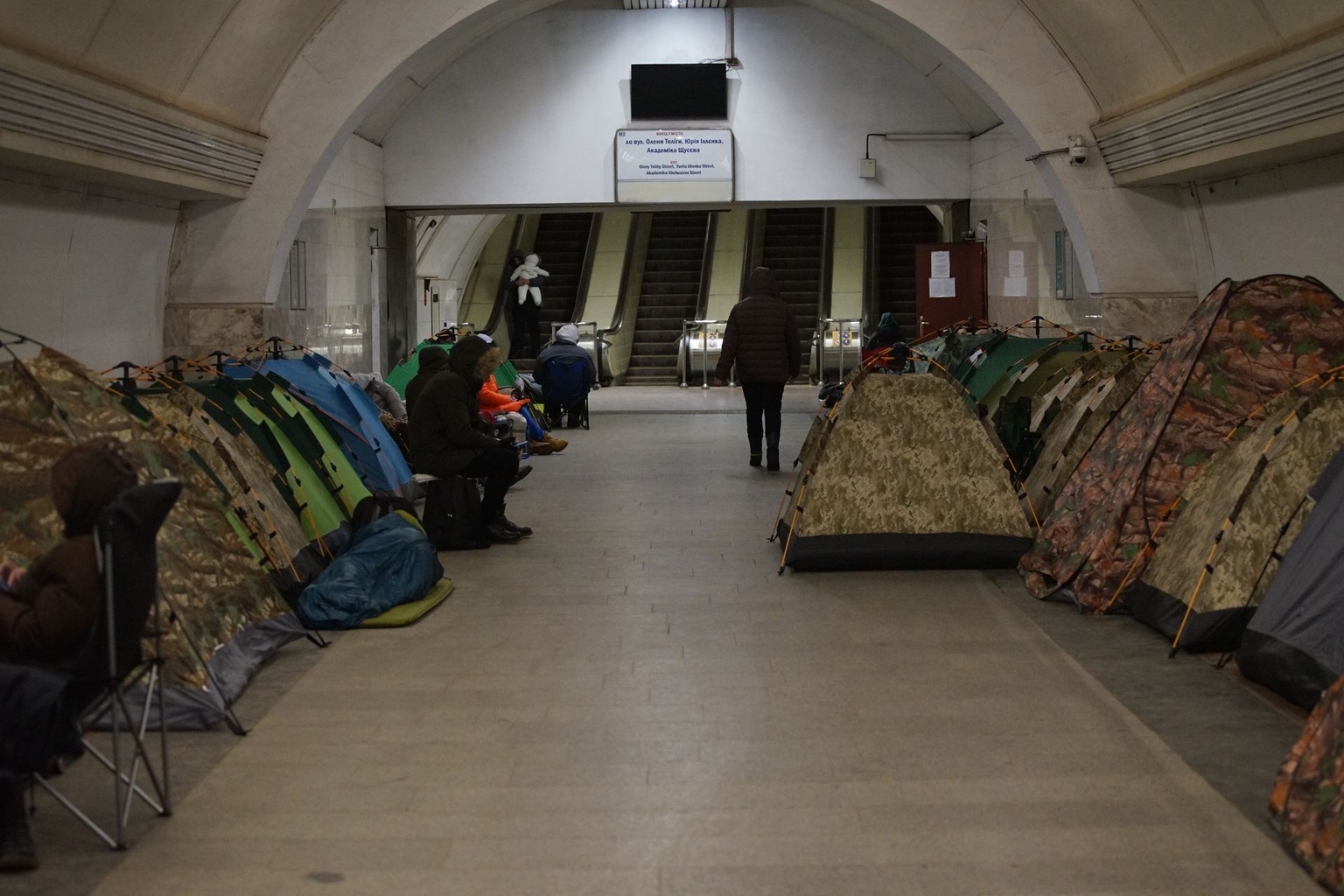 Kyiv residents shelter at the Dorohozhychi subway station during a Russian drone-and-missile strike in Kyiv, Ukraine, on Feb. 3, 2026.