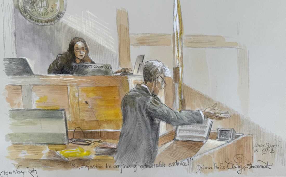 This courtroom sketch shows U.S. District Judge Aileen Cannon listening to Ryan Routh during last year's trial of attempting to assassinate Donald Trump at a golf course in West Palm Beach, Fla.