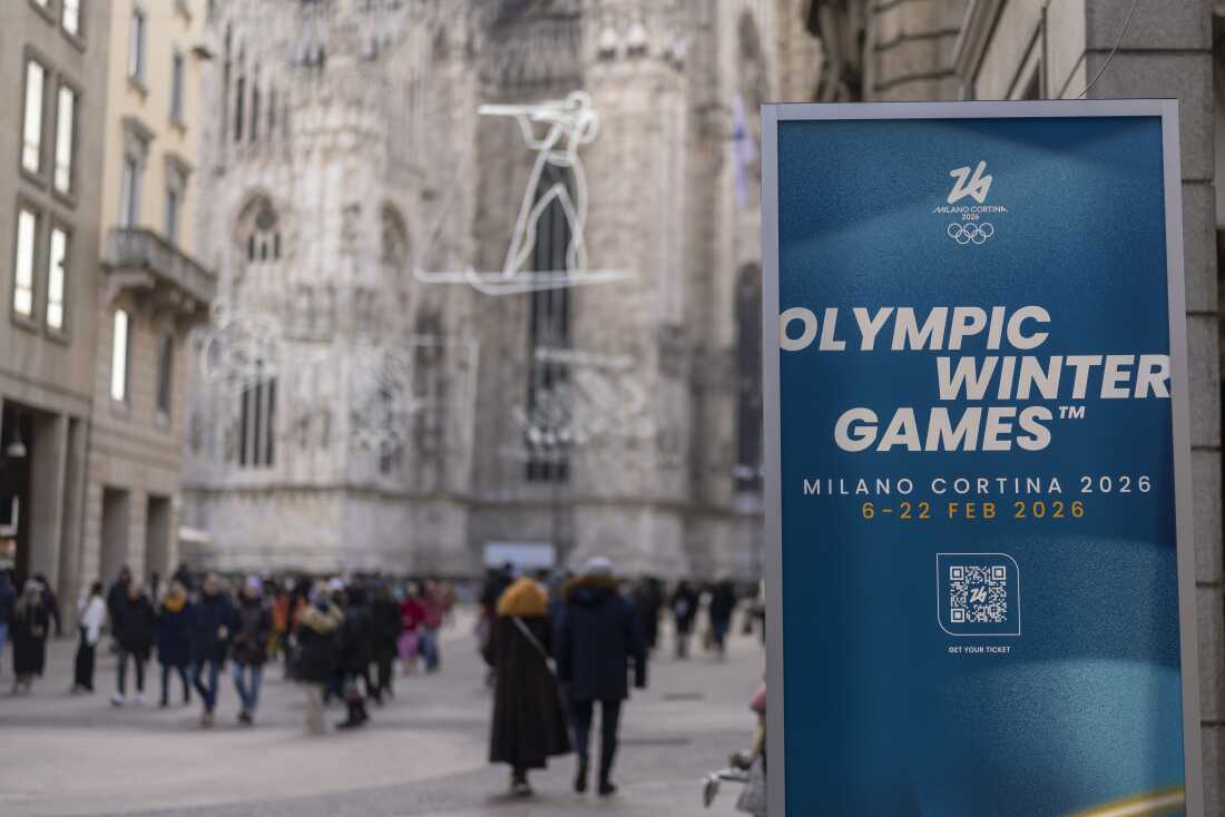 An advertisement for the 2026 Winter Olympics stands near Piazza Duomo in the co-host city of Milan, Italy in the leadup to the opening ceremony.