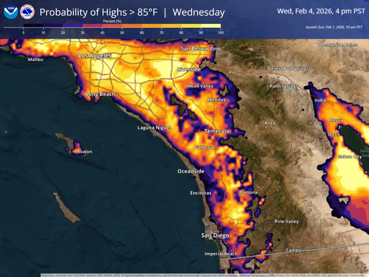 A heat map of Southern California from L.A. to San Diego showing the probability of highs above 85 degrees.