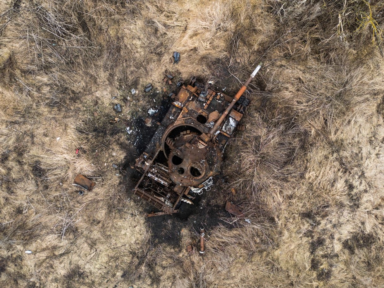 A Russian tank is lying destroyed in a field near the village of Bohorodychne, in Donetsk Oblast, Ukraine, on Feb. 13, 2024. 