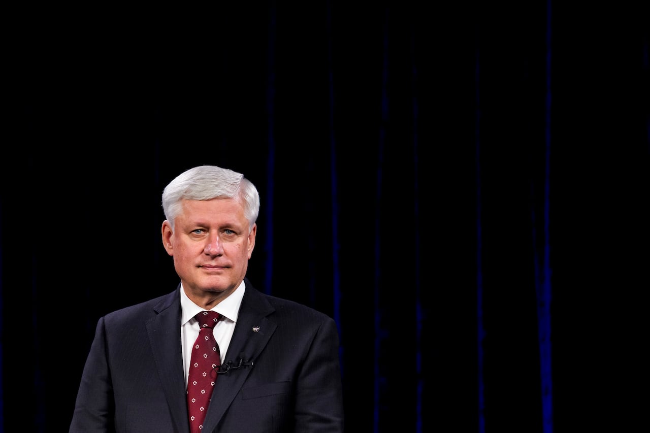 Former prime minister Stephen Harper participates in a panel discussion after receiving a gold medal from the Royal Canadian Geographical Society in Ottawa, on Monday, Feb. 2, 2026.
