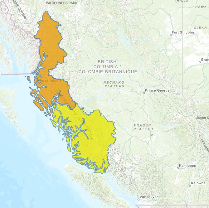 A map showing a flood watch for B.C.'s North Coast.