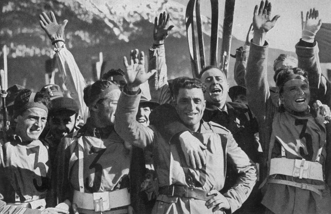 The Italian team celebrate their victory in Olympic military patrol in 1936.