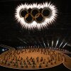 The Olympic Rings are revealed above dancers during the opening ceremony