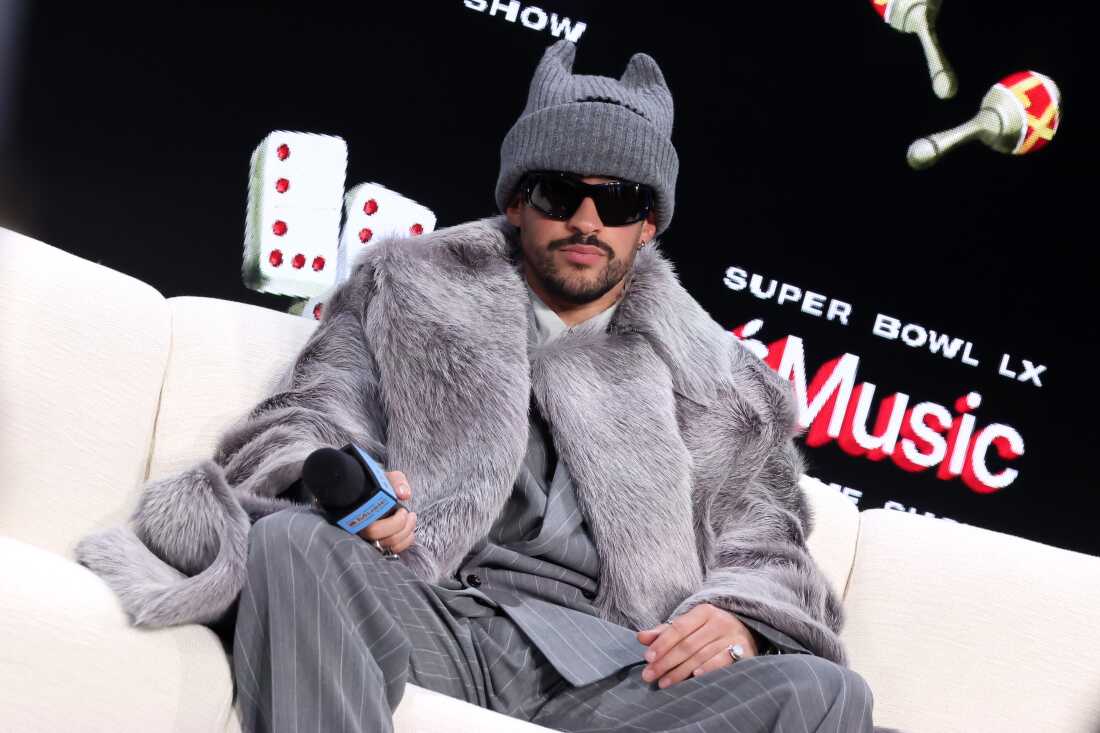 Bad Bunny speaks onstage during the Super Bowl LX halftime show press conference at Moscone Center West on February 5, 2026, in San Francisco, California.