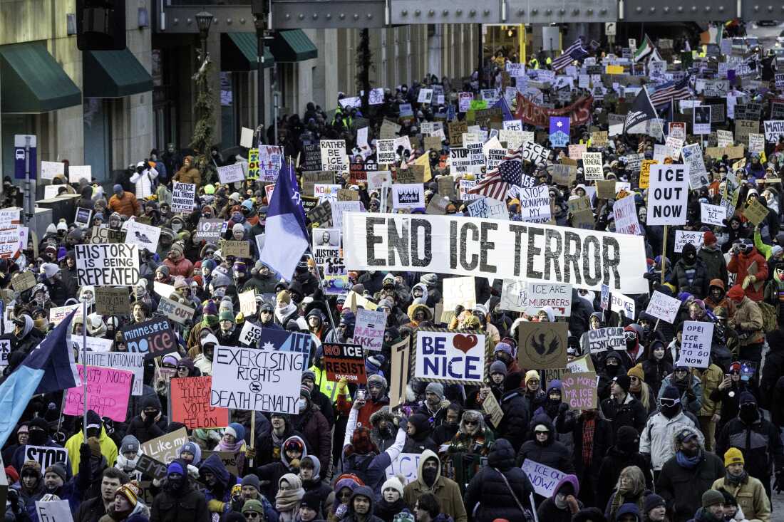 Demonstrators march in Minneapolis on Jan. 30, calling for an end to ICE operations in Minnesota.