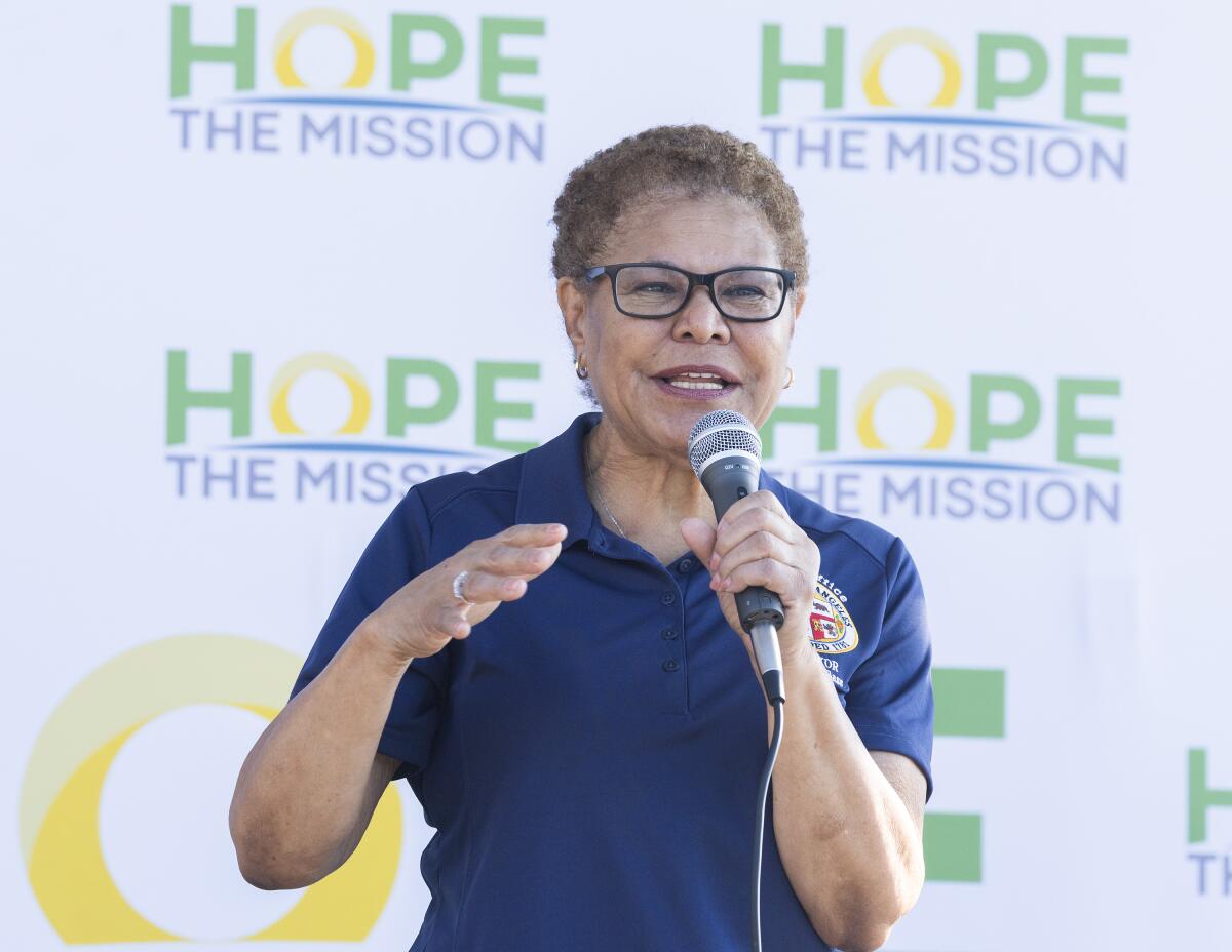 Mayor Karen Bass addresses the crowd at the Shine LA event at Hansen Dam Recreation Area.