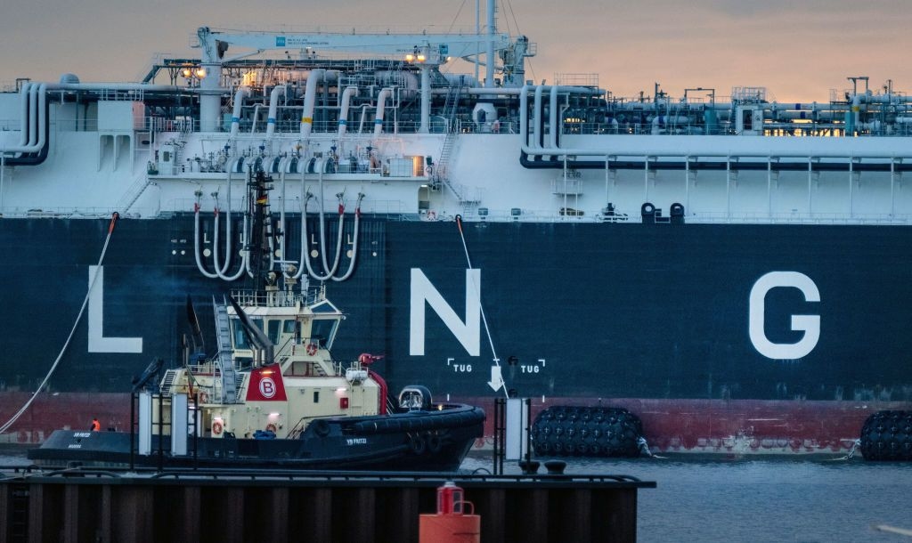An LNG cargo ship moored in a German port in the Baltic Sea on April 18, 2024. An LNG cargo ship moored in a German port in the Baltic Sea on April 18, 2024. (