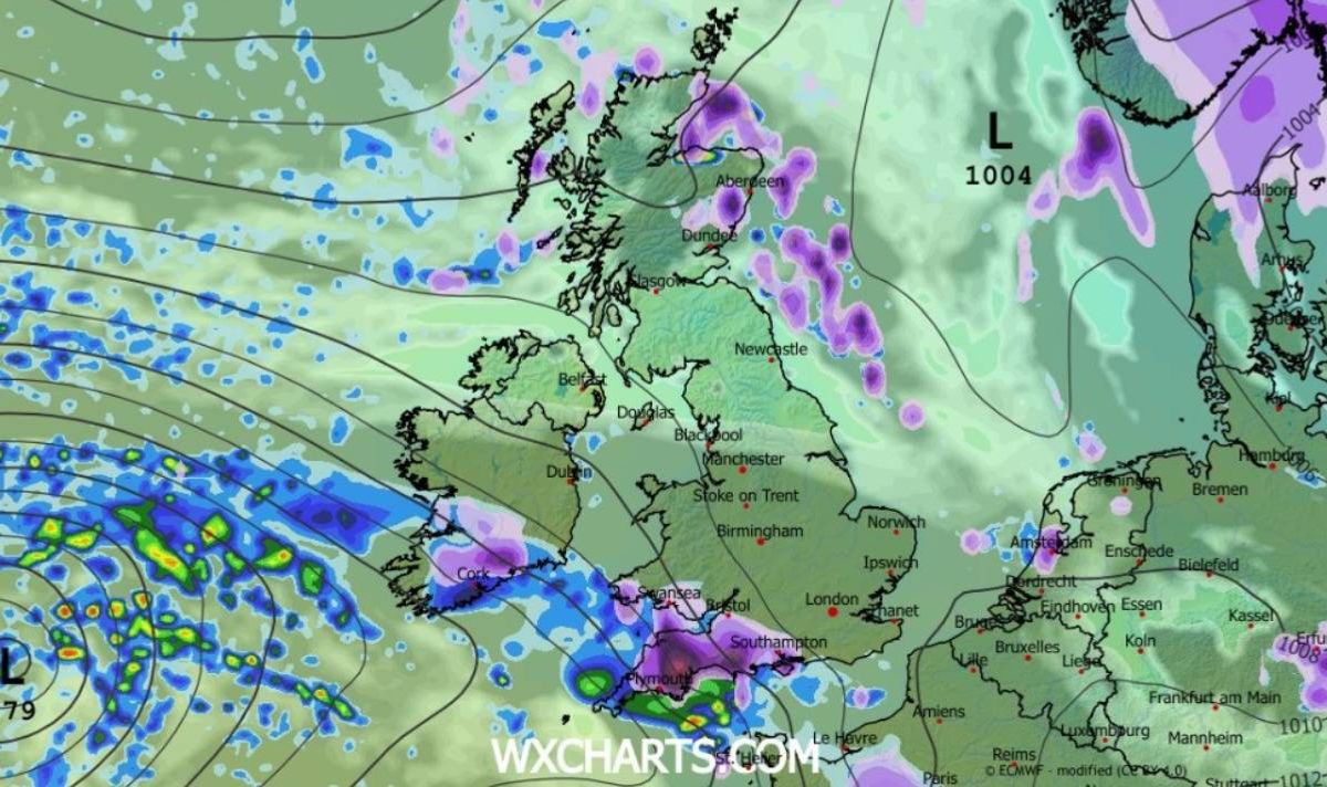 Snow map of UK with snow over south west
