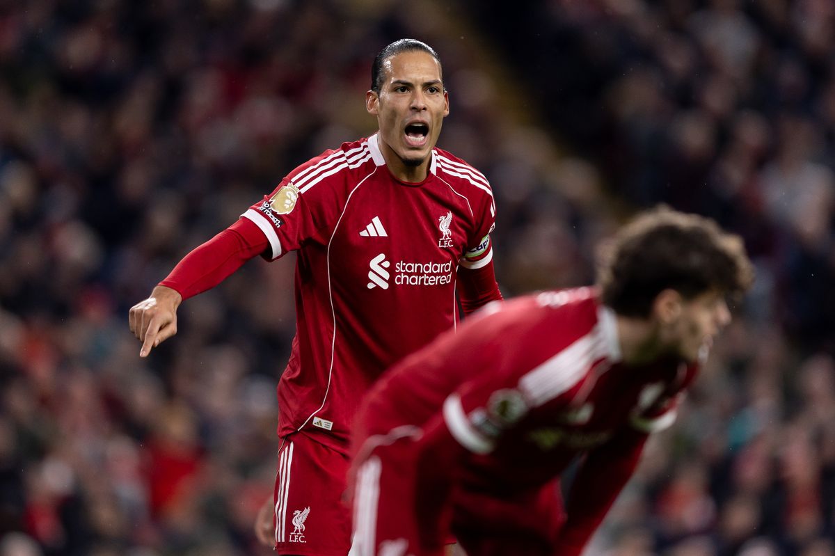 Virgil van Dijk of Liverpool gives instructions during the Premier League match between Liverpool and Manchester City at Anfield on February 8, 2026