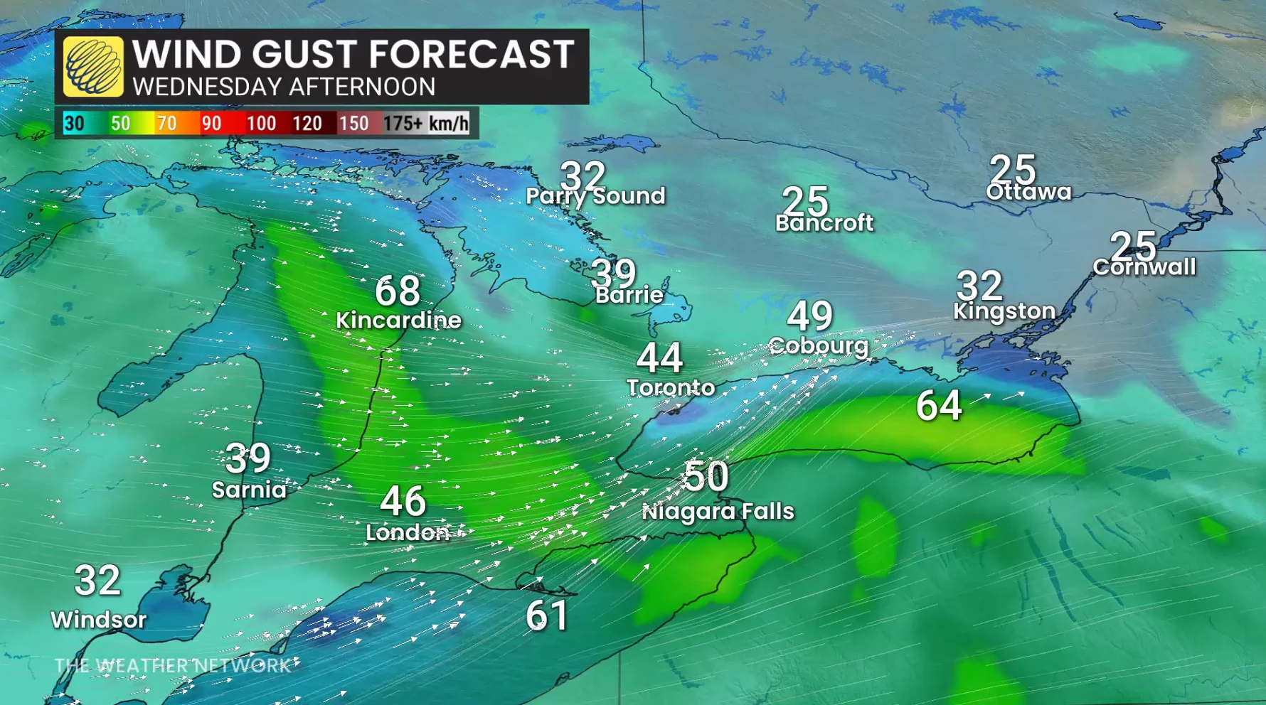 Ontario wind gusts Wednesday afternoon