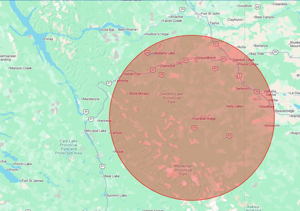 A red circle covers a large area around Tumbler Ridge, B.C.