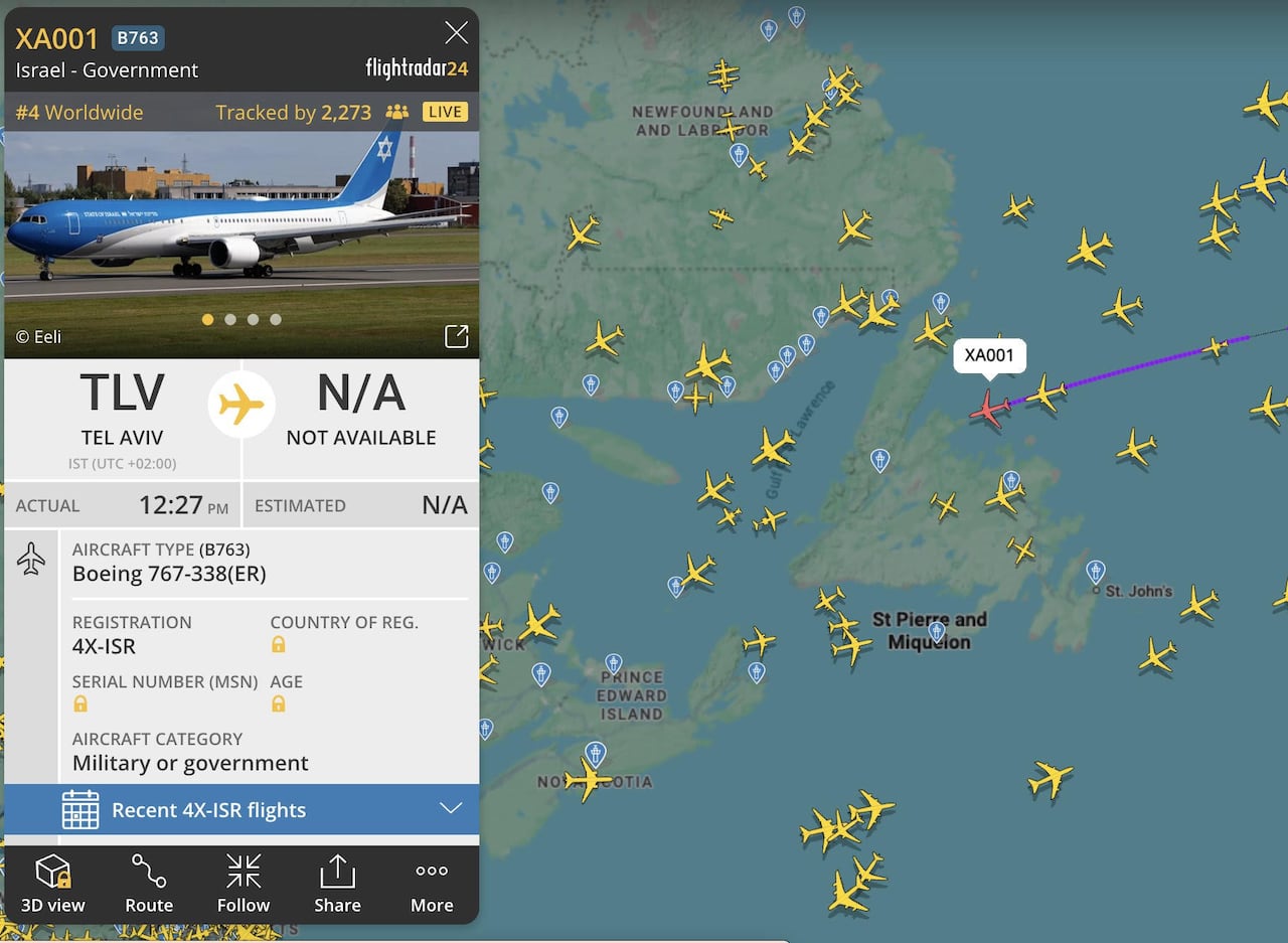The picture shows a flightpath map with an aircraft entering Newfoundland airspace from the Northeast bearing SW.