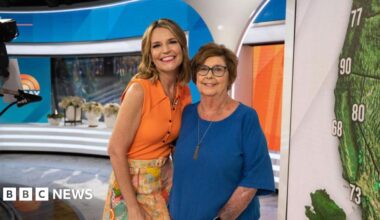 Savannah Guthrie posing for a photo with her mother Nancy in a television studio