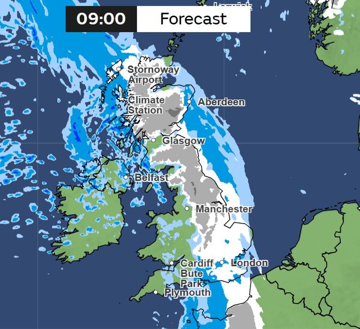 Met Office weather maps showing snow at 9am on Sunday 15 February