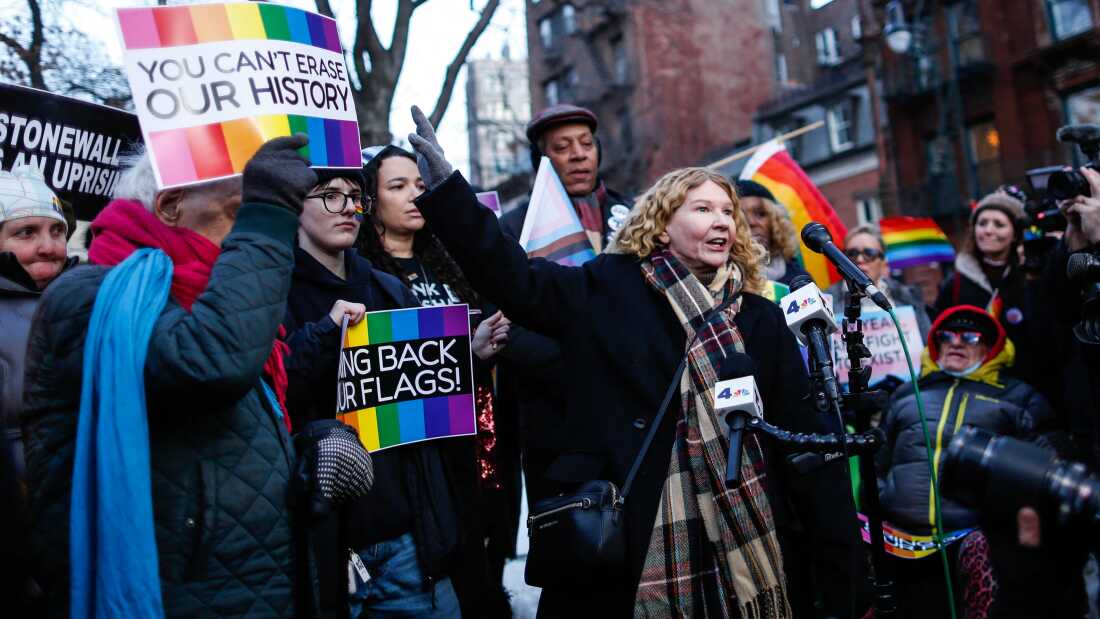 Stonewall Inn owner Stacy Lentz speaks during a protest in front of the Stonewall Monument in Manhattan in New York on Tuesday after the administration of President Trump ordered the removal of a Pride flag at the site. The Stonewall National Monument sits across the street from the Stonewall Inn, a National Historic Landmark known for its involvement in the beginning of the modern struggle for civil rights of gay and lesbian Americans.