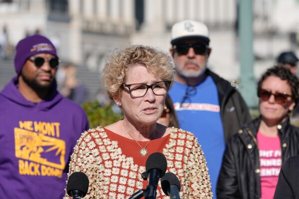 FILE - Rep. Chrissy Houlahan, D-Pa., speaks during a news conference on the 37th day of the government shutdown, Nov. 6, 2025, on Capitol Hill in Washington. (AP Photo/Mariam Zuhaib)