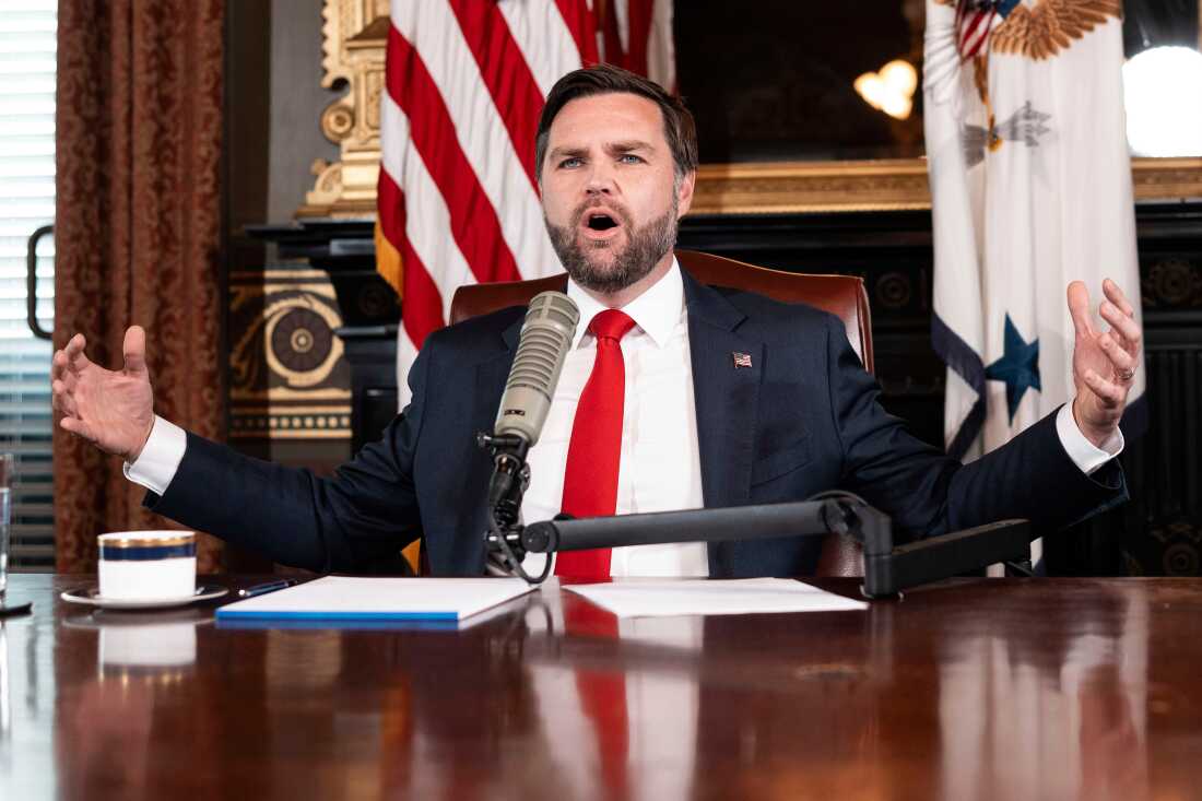 Vice President JD Vance hosts an episode of "The Charlie Kirk Show" at the White House, following the assassination of the show's namesake, Sept., 15, 2025, in Washington. (Doug Mills/The New York Times via AP, Pool)