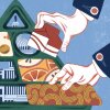 Illustration of hands reorganizing the food pyramid, with a federal building in the background.